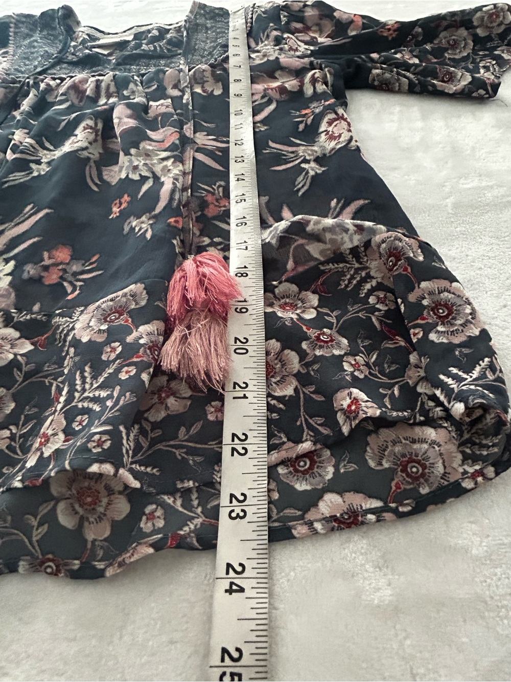 Knox Rose Medium Semi Sheer Boho Tassel Tie Front Top Navy Floral Peasant Blouse - Picture 8 of 8
